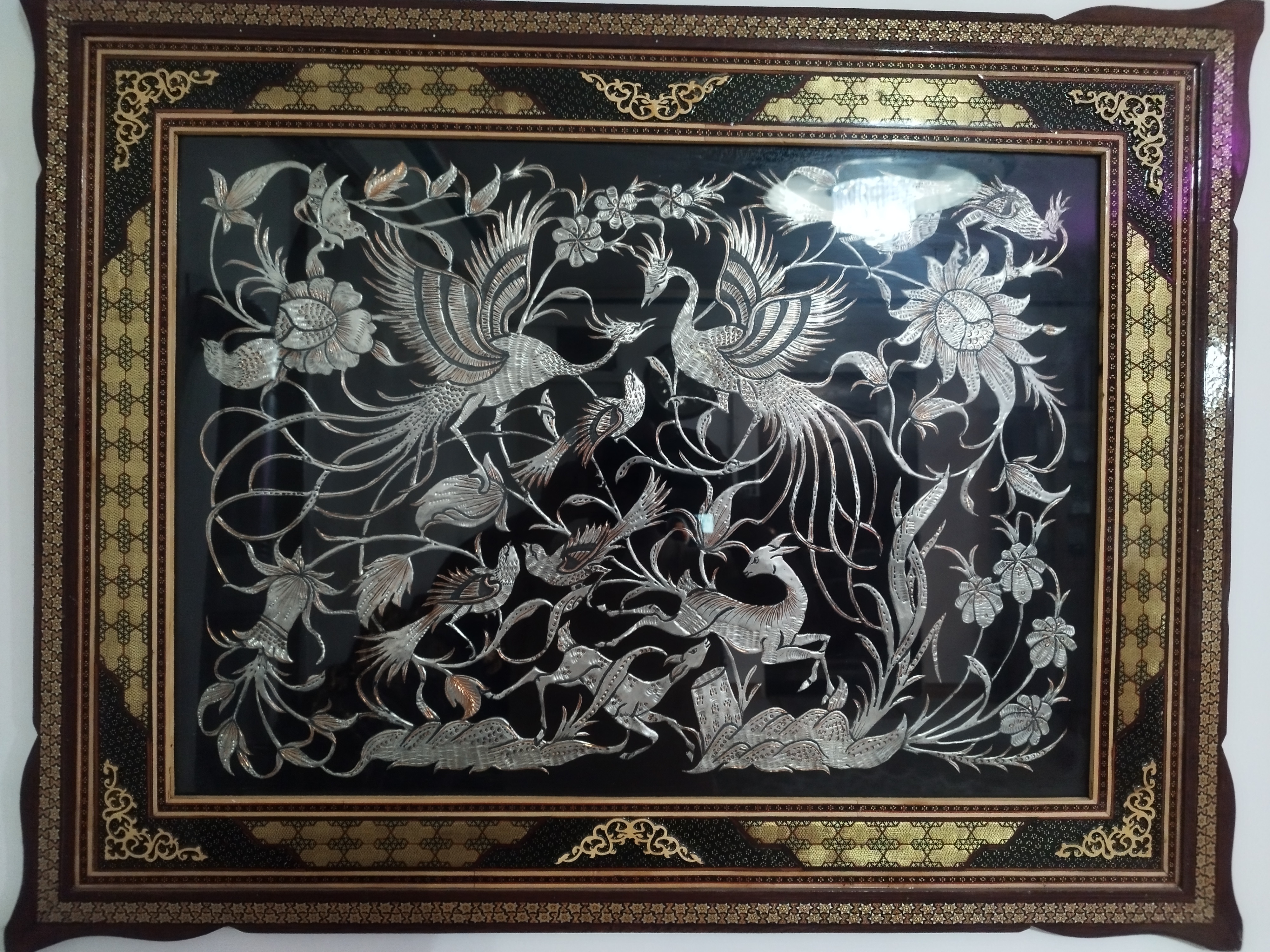 تابلو قلم زنی گل ومرغ خاتم کاری  