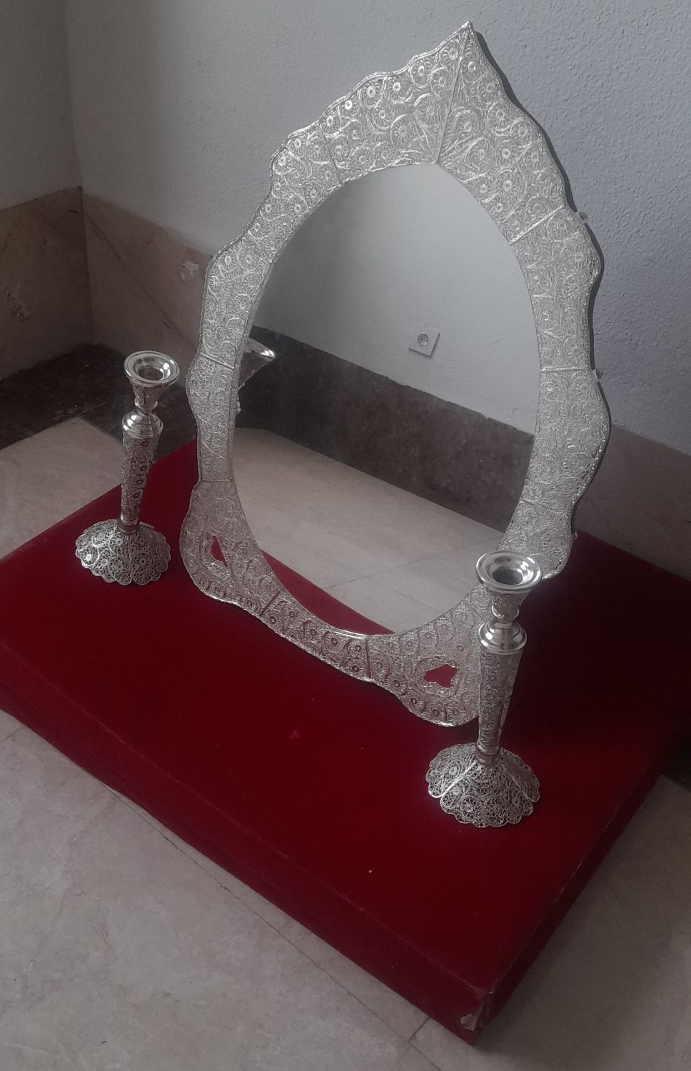 ایینه شمعدان ملیله آبکاری نقره 