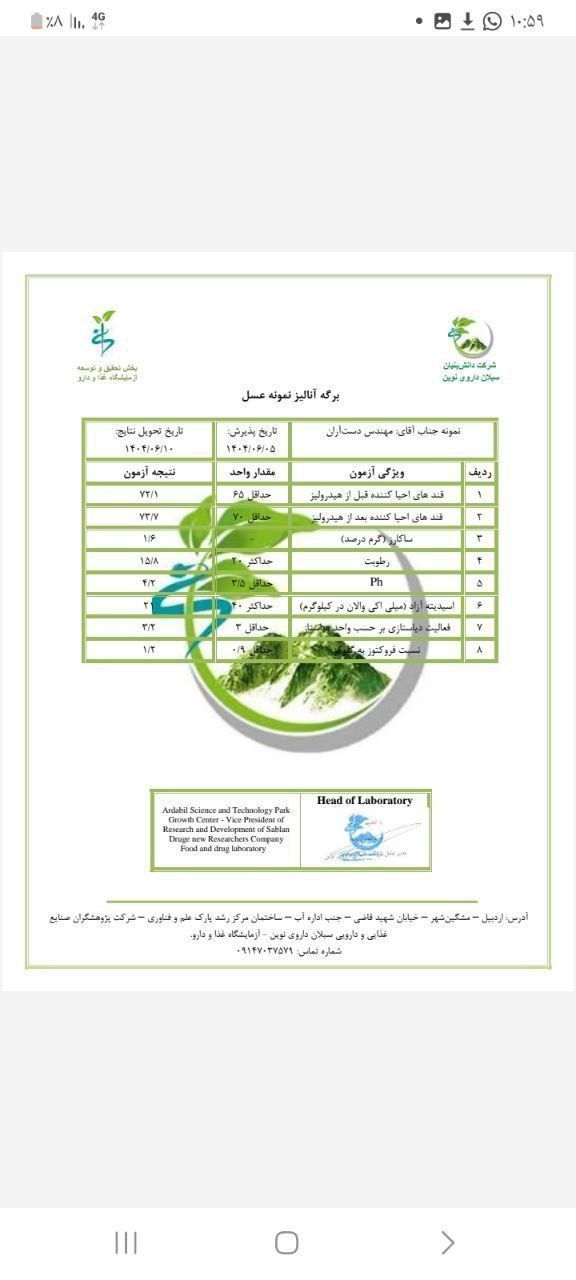 عسل درمانی خالص با برگه ی آزمایشگاه 